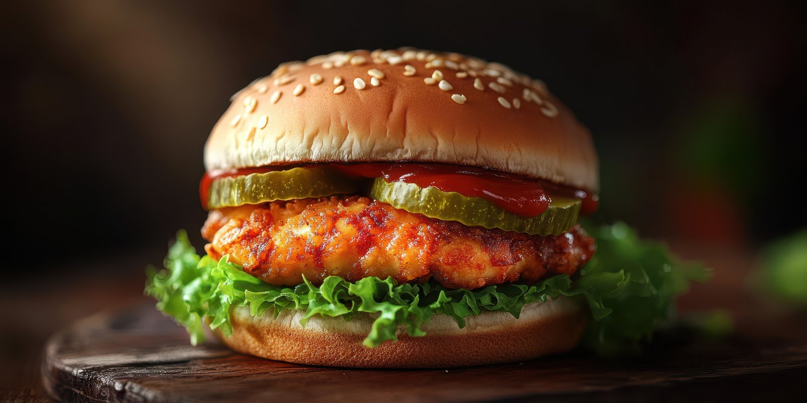 Juicy chicken burger with fresh lettuce, pickles, and ketchup on a wooden platter at a cozy restaurant
